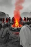 Placeholder: Stone Age men gathered around fire in the middle , all in black and white except the fire is normal red fire color