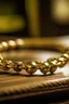 Placeholder: jewellery gold bracelet lying on wooden gunwale. blurred background.