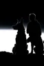 Placeholder: Black background on a mountaintop. A silhouette of a fit man and a silhouette of a fit woman sitting close to each other. A silhouette of a Belgian malinois somewhere close to them