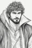 Placeholder: man, age 20, medieval, fighter, russian, croocked nose, czar, rich, simple clothes, short messy hair, thick beard, oligarch, leather coat with fur, brocade clothes, pencil drawing, black or red hair