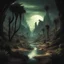 Placeholder: A dark art-styles fantasy picture of dark and evil-looking nature scenery of a lush oasis ending in a desert