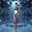 Placeholder: make a picture pretty stage made of metallic blue-gray teme 3d recursive cubic and sphere and cylinder base structures and a beautiful fashion model lady standing with cute in scene with sexy top and pretty pleated midi skirt ,makeup curvy long hair,dynamic camera zoom to full body and pan, dynamic lights.
