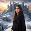 Placeholder: Hyper Realistic close-up-view of Beautiful Happy Pashto Girl with beautiful hair & beautiful eyes fully-covered-in-black-dress-&-white-shawl standing outside her-huge-ice-castle on mountain-top with cloudy-sunset showing dramatic & cinematic ambiance