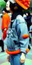 Placeholder: Korean, beautiful woman, black hair. thick thigh, thick calves. Style futurism, 1990's, rough street style.Mantle is sewed of recycled Denim and sewed together red felt pieces.Big headphones, with gold rings, is merged with small felt cap with small visor. A bag is integrated to the mantle. Patterns are composed of orange, cream, blue, lilac and purple. blue latex somewhere. It is with big bright purple felt tippet and cream-colored-hood. mantle is merged with tippet.