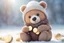 Placeholder: cute chibi bear sadly counting his money and golden coins in winter, snowy scene in sunshine, ethereal, cinematic postprocessing, bokeh, dof