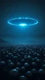 Placeholder: A field of thousands aliens at the end of the picture a blue dark ufo object , cinematic, 8k, in black and white