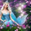 Placeholder: Fantasy fairy with transparent wings, smiling, make up, long platinum blond hair with crown and flowers, blue dress, flowering background