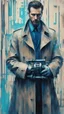 Placeholder: a photo and painting of a man in a trench coat holding a camshaft in hands, artgram, cobalt blue, cyan, beige and grey color scheme, reduce character duplication, epic, detailed color scan, glitch pattern visual noise, tint leak