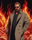 Placeholder: a young man with big muscles who looks like hans gruber wearing a heavy coat and red sunglasses staring with an irritated look on his face standing in front of a large fire