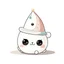 Placeholder: drawing of cute small mochi character with birthday hat on, on white background