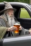 Placeholder: gandalf in a car drinking a beer