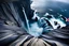 Placeholder: massive intimidating rock cliffs ascend all around and further up out of view. far below, the stormy ocean swirls intimidatingly. The ocean water falls off a waterfall down into a circular pit