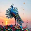 Placeholder: create ultra-realistic 3D paper quilling peacock standing proudly on a flower-covered hilltop overlooking a glowing sea at sunset, vibrant tail fanned in jewel tones, fluttering butterflies around, soft magical light, cinematic wide-angle, paper texture highly detailed --v 7 --ar 16:9