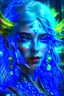 Placeholder: Bioluminescent blue avatars identify dots and patterns on their skin. Pointed elf ears, white hair, glowing blue eyes, slightly shiny blue skin.A beautiful girl with glowing golden eyes. With white decorated hair. And the whole body. And decorated dragon stones. And decorative glass trees realistic