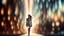 Placeholder: A full-body shot of a beautiful lady walking and looking at the camera 3D fractal interstellar world. The image uses a blurred bokeh effect, folded paper aesthetic, geometric precision, sharp subjec