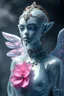 Placeholder: a photorealistic grey alien angel translucent transparent, surrealism, fog, octane render, cinematic, futuristic outfit, haute couture, exotic jewerly, blue pink, florest background