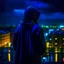 Placeholder: girl in a raincoat, viewed from behind, watching the empty city, at midnight, very dark colours, rainy, atmospheric, photo quality