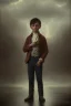 Placeholder: photorealistic painting of boy in 1820, standing on a street corner, dimly lit, dark clouds, rain, lightning