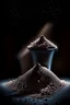 Placeholder: protein powder, scoop, piles, powder, modern, not fancy, view from the front, dark studio setting, black background