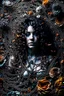 Placeholder: abstract creation of a beautiful girl with black curly hair, surrounded by black roses, thick metal chain broken, glass petals on the ground, autumn colours,dried out thorn bush, chaos,