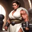 Placeholder: over muscular Princess Leia in her iconic Jabba's servant outfit with gigantic biceps with veins in the training room