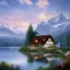 Placeholder: simple house in switzerland behind a lake,drawing