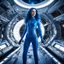 Placeholder: wide-angle photo of a very thin tall woman in an electric blue suit, with long glowing blue wavy hair, on a space station with views into space