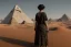 Placeholder: A 1922 woman looking at a black five-sided pyramid in the desert