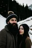 Placeholder: Mountain Christmas scene, dark haired couple, man with black beard