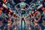 Placeholder: beautiful full body with long boots and modern dressed lady in surreal world made of recursive animating fractal random size modern geometrical structures ,metalic rotating gears, full body happy dancing to camera