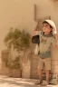 Placeholder: A Palestinian child carries on his shoulders a large bag with windows and doors