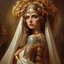 Placeholder: Oil painting in the style of Lawrence Alma Tadema and Michal Karcz and Enki Bilal. A beautiful Celtic priestess with tattoos of Celtic symbols on her upper body. She wears an open white sheer silk cape with gold symbols and a detailed headdress symbolizing the mysteries of ancient Avalon. A golden torque bracelet wraps around her upper arm. Very detailed, in the style of atmospheric tonalism. Elegant, intricate, 4k, mood lighting, perfectly lit, oil on canvas, contemporary impressionism, by Naot