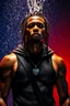 Placeholder: Ultra-realistic cinematic portrait of a strong young man standing under a stream of water pouring directly onto his head, droplets splashing dramatically around him. His skin glistens with moisture, muscles defined and illuminated by powerful dual lighting — deep blue on the left and fiery red on the right, creating a bold contrast. He wears a sleeveless black hoodie, a heavy silver chain with a large pendant, and a crossbody strap. His expression is intense and stoic, dreadlocks hanging wet acr