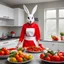 Placeholder: In a kitchen that seems to have popped out of a peculiar Easter tale, a figure with a large, haunting rabbit mask engages in the seemingly mundane task of slicing tomatoes. The mask, stark white with garish red and black accents, contrasts with the character's mundane attire, creating a bizarre juxtaposition. She sports a vibrant red shirt and a practical grey apron, the attire of someone comfortable in the kitchen yet the expression is anything but comforting. The painted grin and wild eyes len