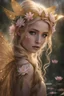 Placeholder: Pointed elven ears,Blonde hair ,Pink dress,Sparkling fairy wings,Very long golden hair,Fairy crown,pointed ears,elven ears,fairy wings,water lilies,sparkling,glittering,flowers,blossoms,golden crown,light pink dress