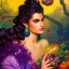 Placeholder: Hyperdetailed oil on canvas, gia carangi, detailed face, long hair, surrounded by luminous colorful sparkles, gypsy, grapes, blueberries, plums, sumac, purple by anne stokes, gaspar camps, maxfield parrish, alphonse mucha, cyril rolando, airbrush, depth of field, octane render, volumetric lighting; deep colors, symmetrical, cinematic, high coherence, golden ratio, rule of thirds, perfectly centered; anatomically correct faces, by james r. eads, ilon wikland art, vladyslav yerko