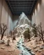 Placeholder: Photograph, giant museum exhibition, wires a mass of terrain, giant museum space, trees, pillars, high walls, high peak in a room, rag, powder, brook, sediments, deflagration of the background, geological formation, light, architecture, minimalist, details of the terrain very accentuated, 8k, deep 3d field, sharp, brutalist, hasselblad h6d400c --ar 85:128 --v 6.0