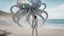 Placeholder: A woman with dark hair in a silver robotic catsuit, standing on a beach, flying mushrooms with octopus tentacles floating above her