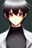 Placeholder: anime boy with short brown hair with split bangs, black outfit, cute