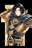 Placeholder: A handsome 30 year old knight, black hair, dark blue eyes, male bob haircut, in black-and-gold plate armor, no beard, european, portrait