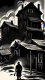 Placeholder: noir, atmospheric, shadows, cinematic, Black and white drawing, Fire in the village, wooden houses on fire, a view from afar, somber tones, high quality, suspenseful, menacing.