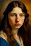 Placeholder: Portrait of a 1900 era, 20 year old beautiful brunette women, with tanned skin and blue eyes, by Van Gogh with a rustic look