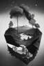 Placeholder: Beautiful landscape with trees, earth opens up and breaks down in black polygons.