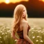 Placeholder: woman, blonde, flower field, sunset, back view, plain light brown dress, windy, flower in hand