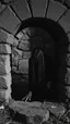 Placeholder: Black and white classic movie the well . A scary women wearing all black and long hair covering her face crawling out of an old well , scary scene