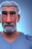 Placeholder: 3D render of a very big close at the face of cyberpunk tribal old man, gray hair and goatee, on a dark blue background, digital art