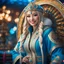 Placeholder: (masterpiece, best quality, 8k, RAW photo, beautiful and aesthetic:1.2), complex detail, Indirect light, photorealistic, (((full body))), 2 Gorgeous Cosmic russian asian goddess smiling, long curved blonde hair, blue eyes, Mixed, sci-fi and traditional russian outfit with white furs and chapka, colorfull Sci-Fi environment