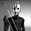 Placeholder: thin stick man with metal face mask black and white