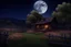 Placeholder: Dry trees, night, full moon, cabin, yard with flowers, fence, photo hd