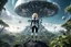 Placeholder: Wide angle photo of a slim sci-fi woman with blond hair, wearing a silver and black futuristic spacesuit looking android-like, standing on an alien cloud tree jungle planet